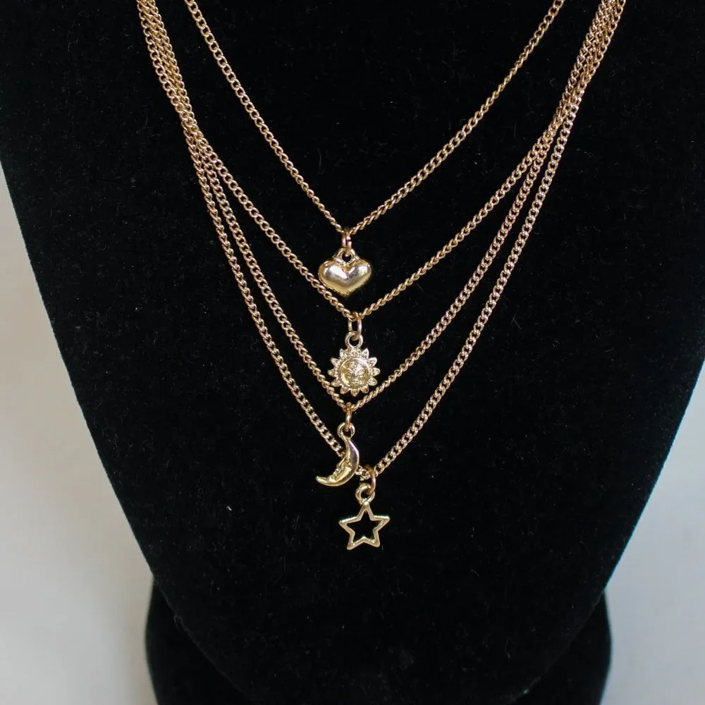 Star Moon Sun Gold Tone Multi Adjustable Length Fashion Jewelry‎ Boho Necklace